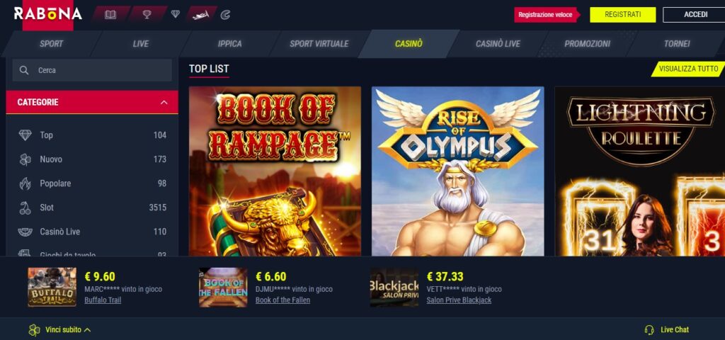 Rabona casino screen pagina