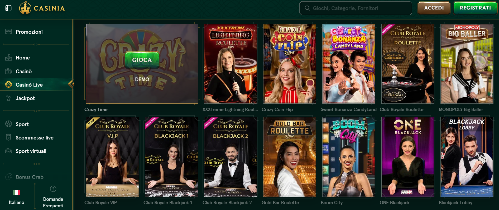 Software e giochi disponibili su Casinia casino